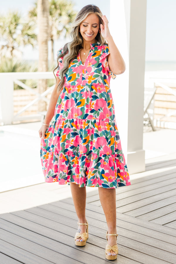 Love Grows Strong Midi-Kleid, Weiß Blumenmuster