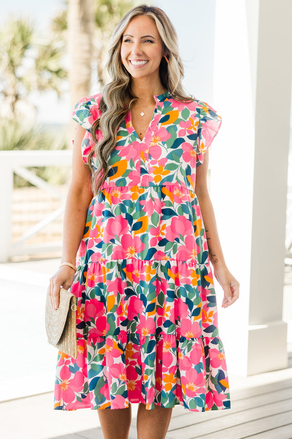 Love Grows Strong Midi-Kleid, Weiß Blumenmuster