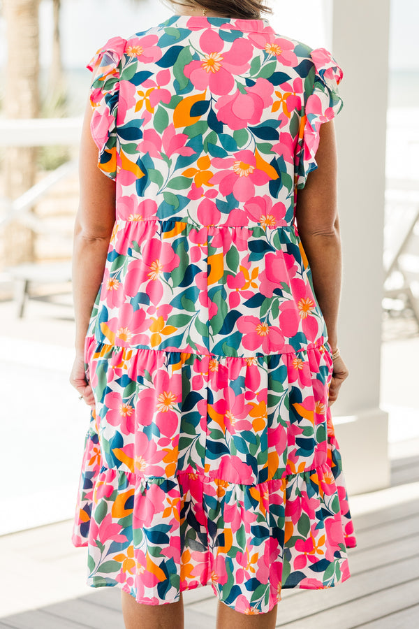 Love Grows Strong Midi-Kleid, Weiß Blumenmuster