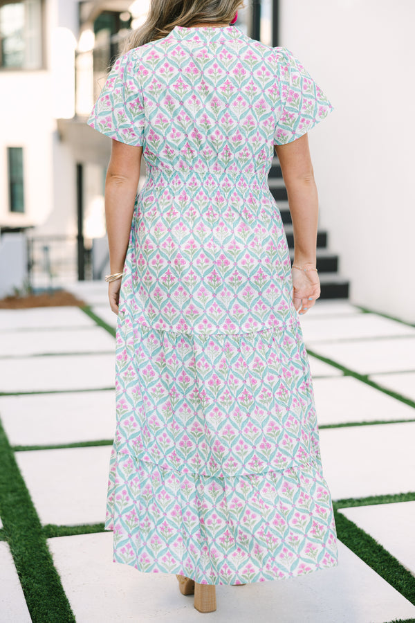 Pleated Petal Maxi Dress, Pink-Green