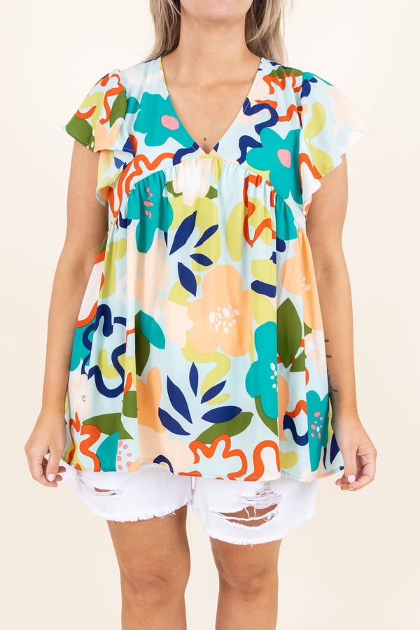 Sea Flowers Top, Mint Multi