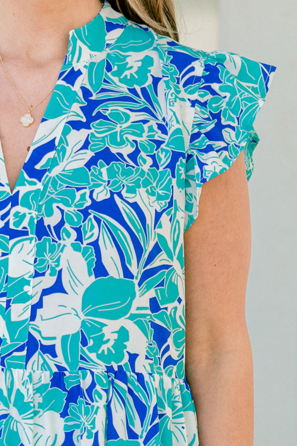 Springtime Splendor Midi Dress, Blue Tropical