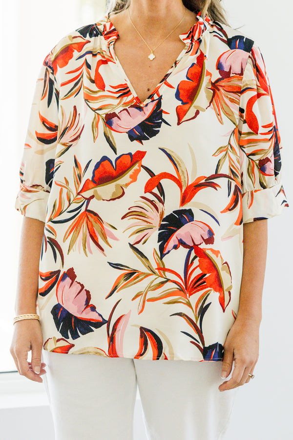 Bluse „Sonniger Nachmittag“, Elfenbein-Rot