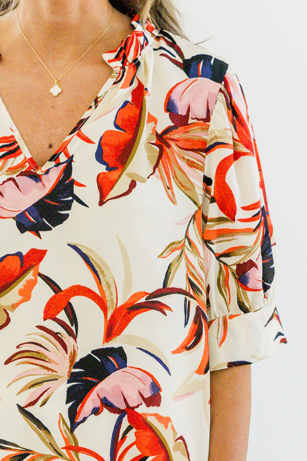 Bluse „Sonniger Nachmittag“, Elfenbein-Rot
