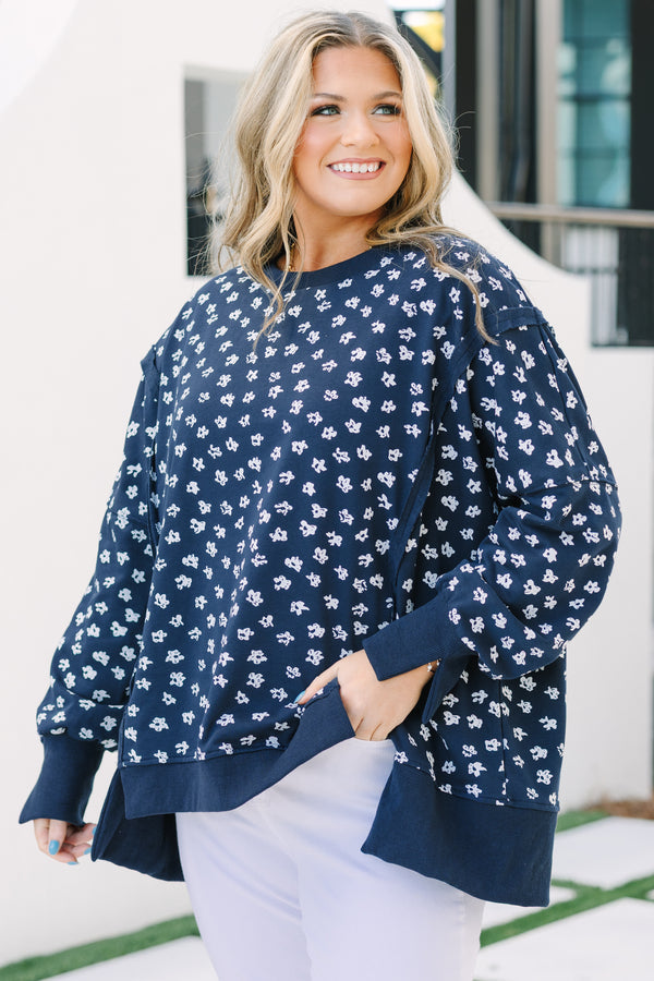 Sunset Glow Pullover, Navy Floral