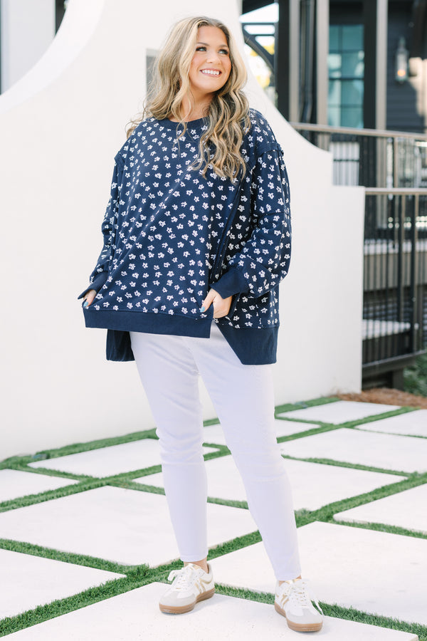 Sunset Glow Pullover, Navy Floral