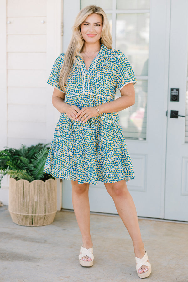 Sweetly Surprised Dress, Teal Mix