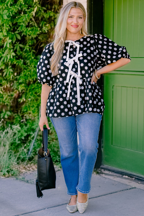 Take It Easy Now Top, Black Polka Dot