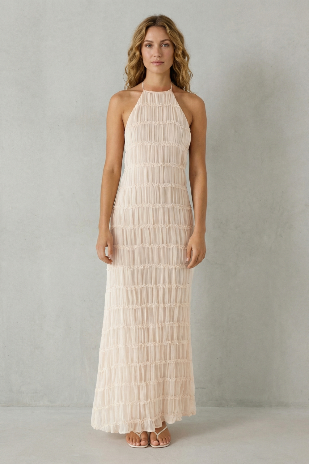 Greta – Moderne Textur – Rückenloses Maxi-Kleid aus strukturierter Webware für Damen