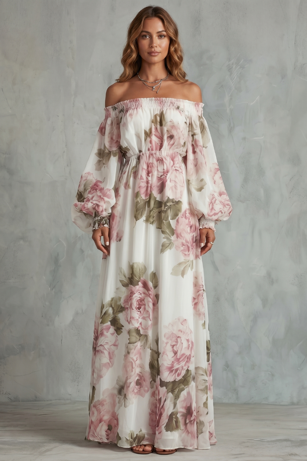 Rosavelle – Romantisches, schulterfreies Blumenmuster – Maxikleid