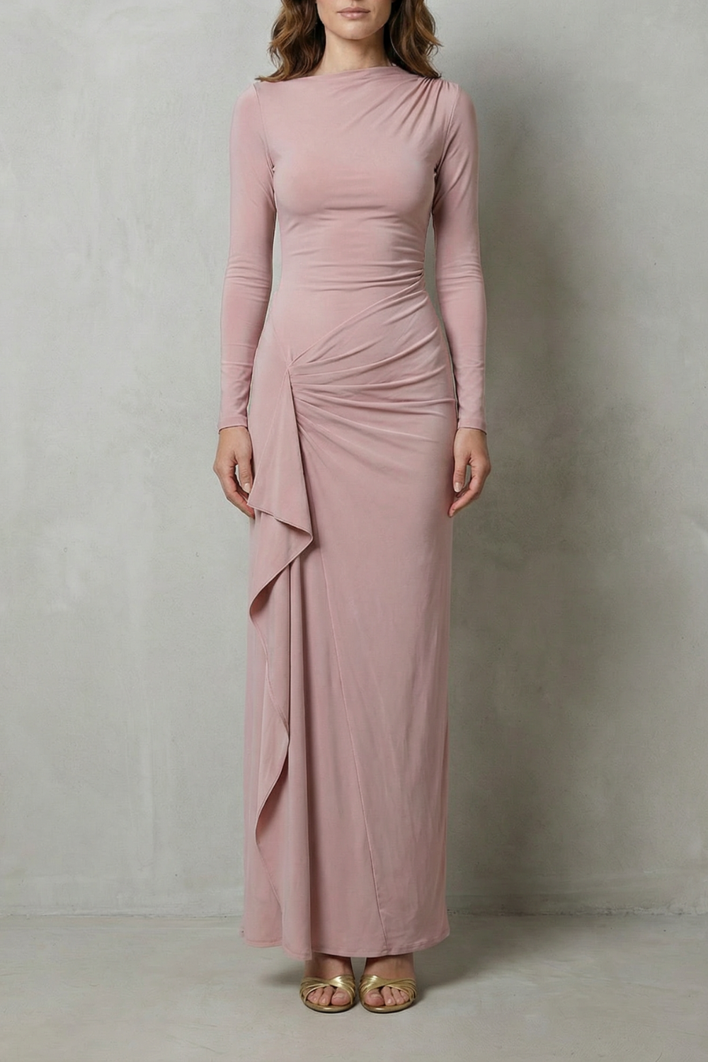 Veneta – Skulptierter Seitendrapée – Maxi-Kleid mit langen Ärmeln