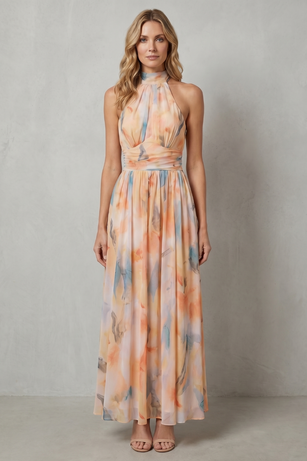 Vivienne – Neckholder-Maxikleid aus Aquarellstoff