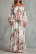 Rosavelle – Romantisches, schulterfreies Blumenmuster – Maxikleid