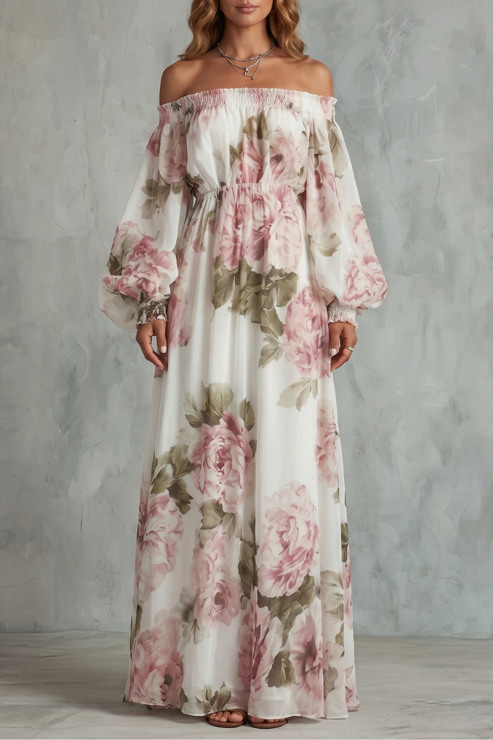 Rosavelle – Romantisches, schulterfreies Blumenmuster – Maxikleid
