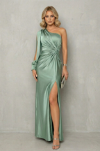 Elarisse – Draped waist elegance – One shoulder slit maxi dress