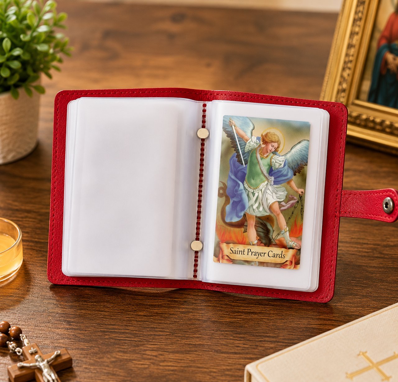 ✝🙏Katholischer Heiligenkartenhalter aus Kunstleder – Taschen-Gebetskartenorganizer mit Druckknopfverschluss