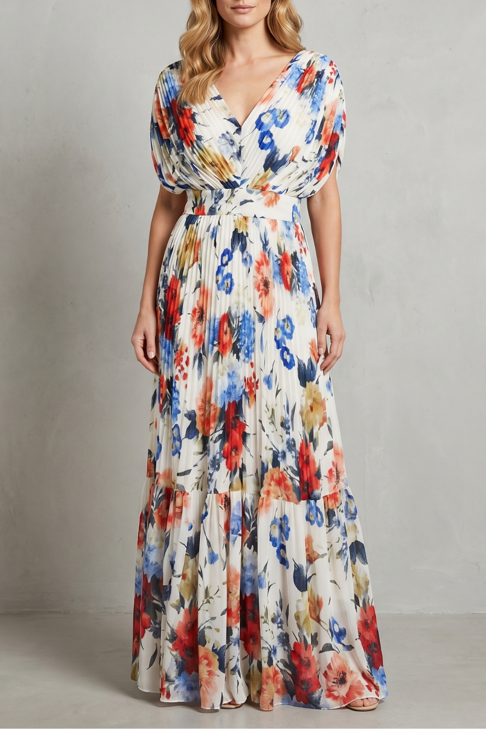 Floravienne – Plissierte florale Eleganz – Maxikleid