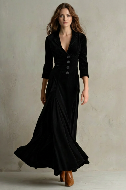 Celeste – Vintage Samt-Maxikleid – Eleganter Rock mit Knöpfen und Reversdetails