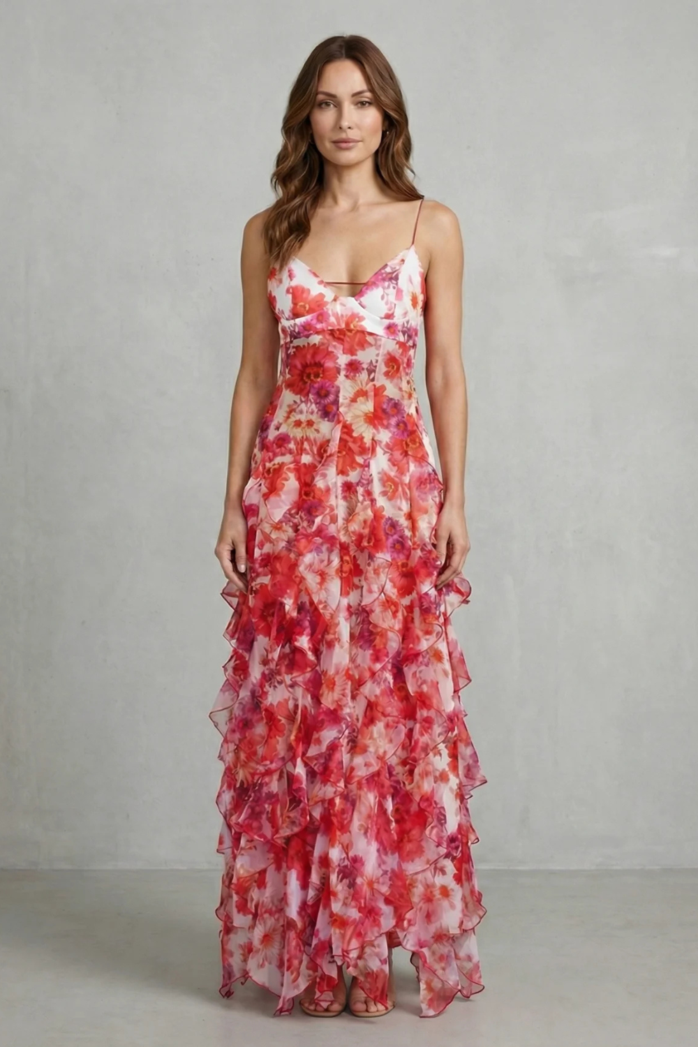Fiorella – Aquarellblüten-Fluss – Maxikleid aus gerafftem Chiffon