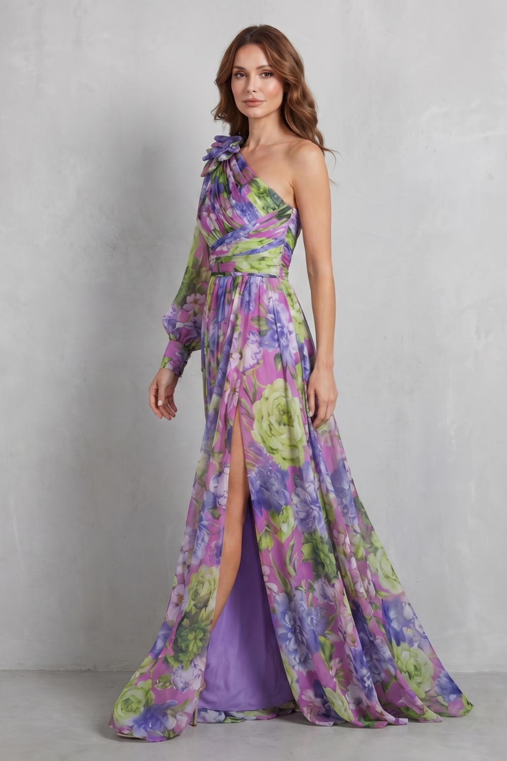 Floravique – Schulterfreies drapiertes Blumenkleid – Maxikleid