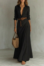 Sienna – Elegantes Faltenkleid mit Gürtel – Langärmliges Hemdblusenkleid in Herbstfarben