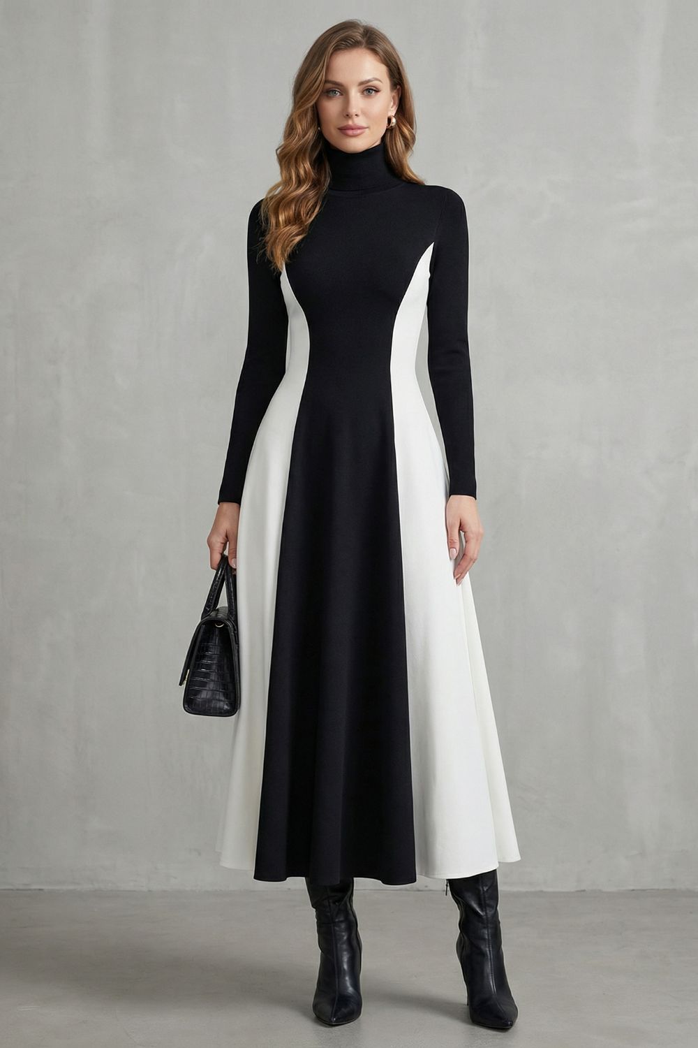 Mariveille – Geformter Kontrastfluss – Rollkragenkleid