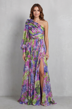 Floravique – Schulterfreies drapiertes Blumenkleid – Maxikleid