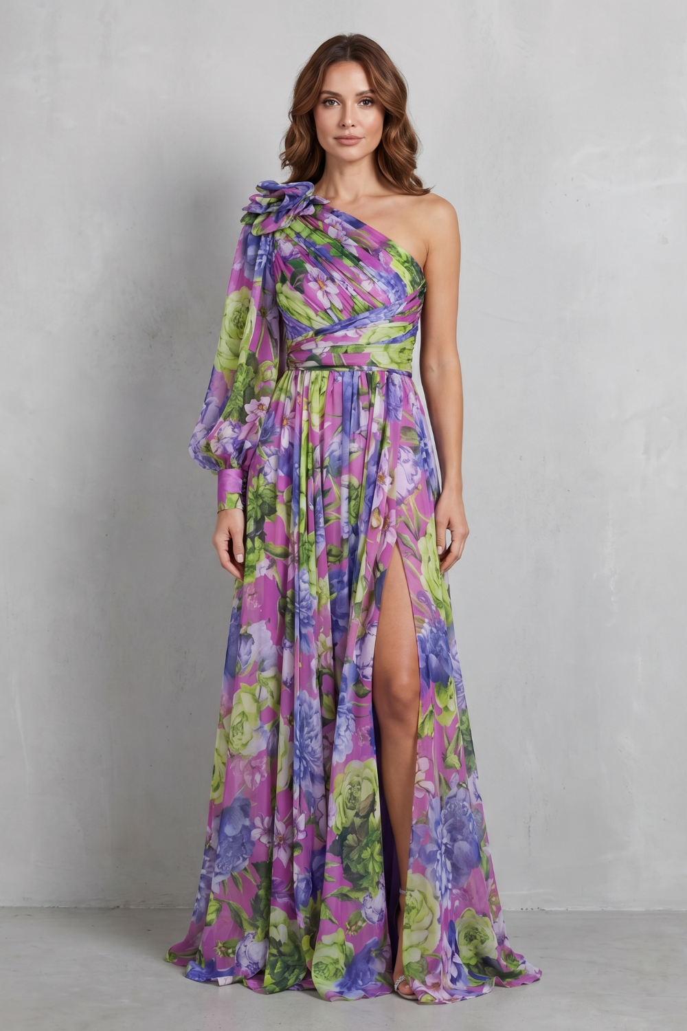 Floravique – Schulterfreies drapiertes Blumenkleid – Maxikleid