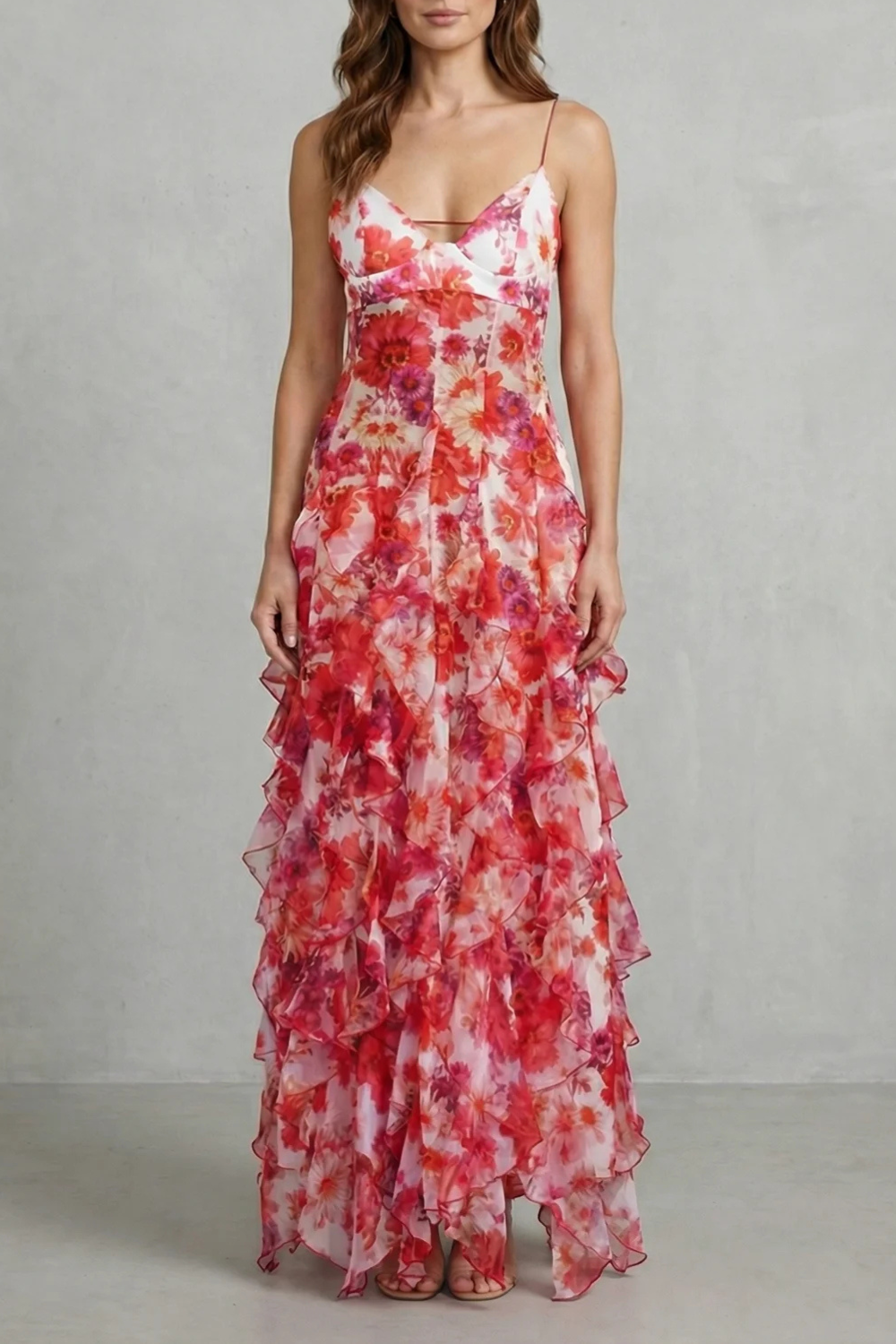Fiorella – Aquarellblüten-Fluss – Maxikleid aus gerafftem Chiffon