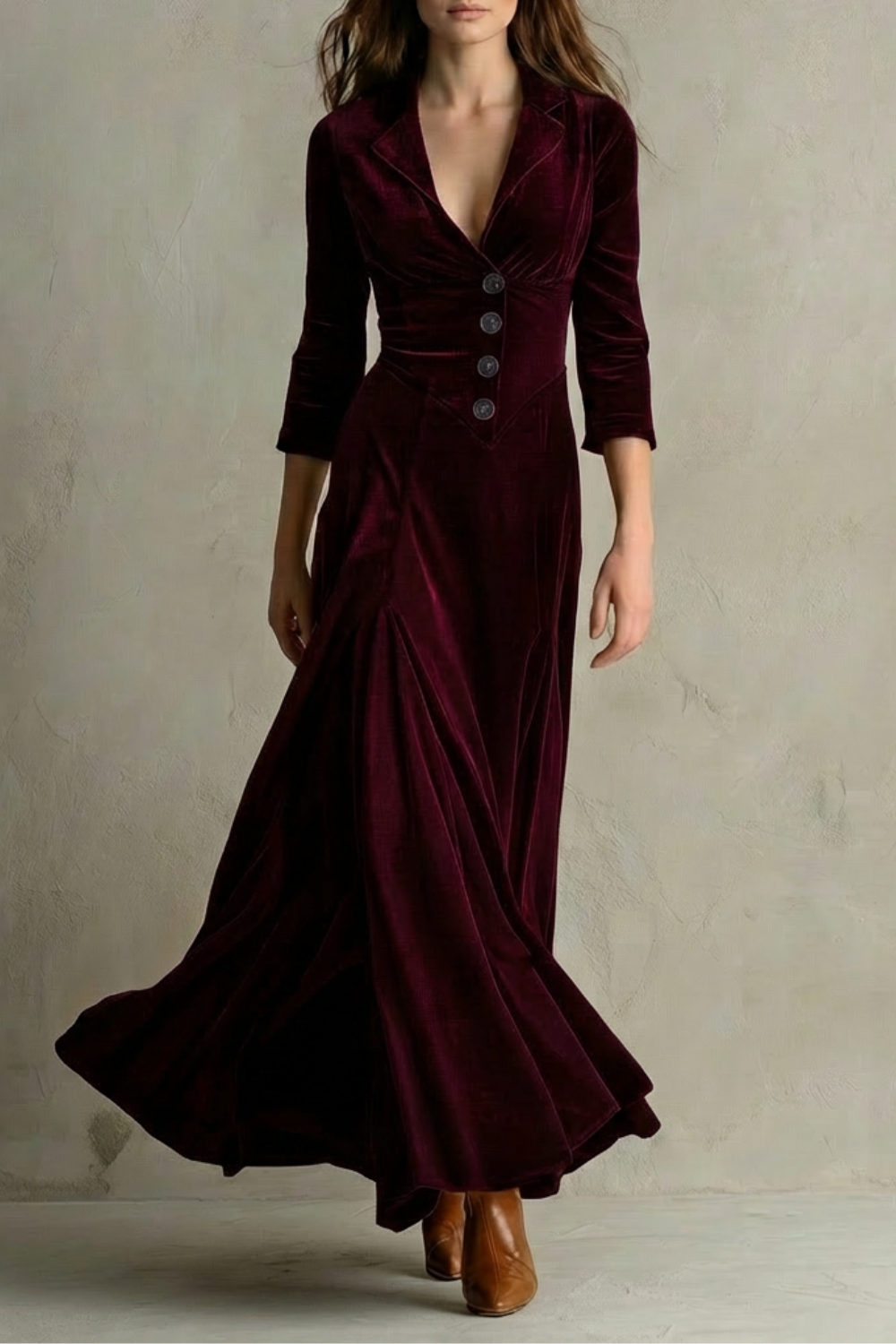 Celeste – Vintage Samt-Maxikleid – Eleganter Rock mit Knöpfen und Reversdetails