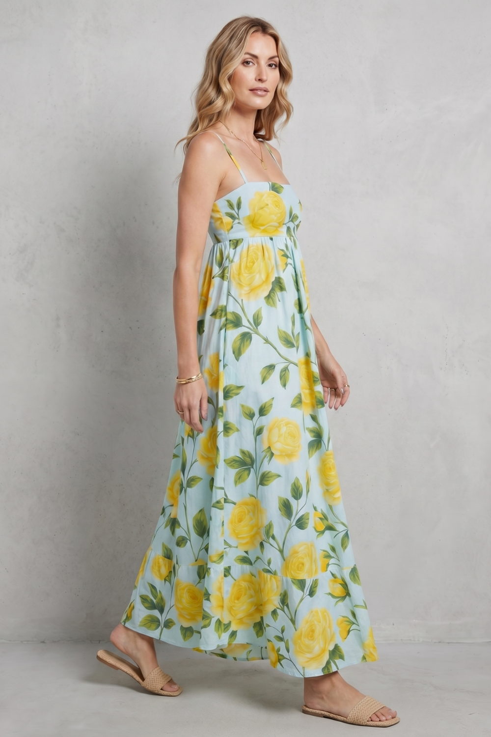 Roselune – Blumenmuster mit eckigem Ausschnitt – Maxikleid
