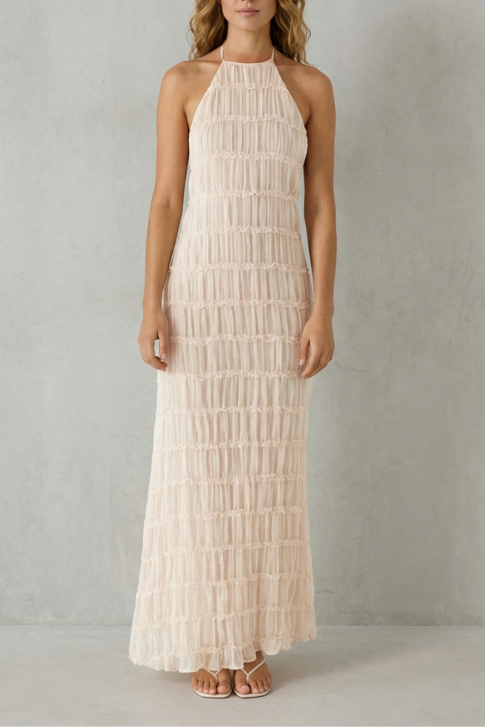 Greta – Moderne Textur – Rückenloses Maxi-Kleid aus strukturierter Webware für Damen