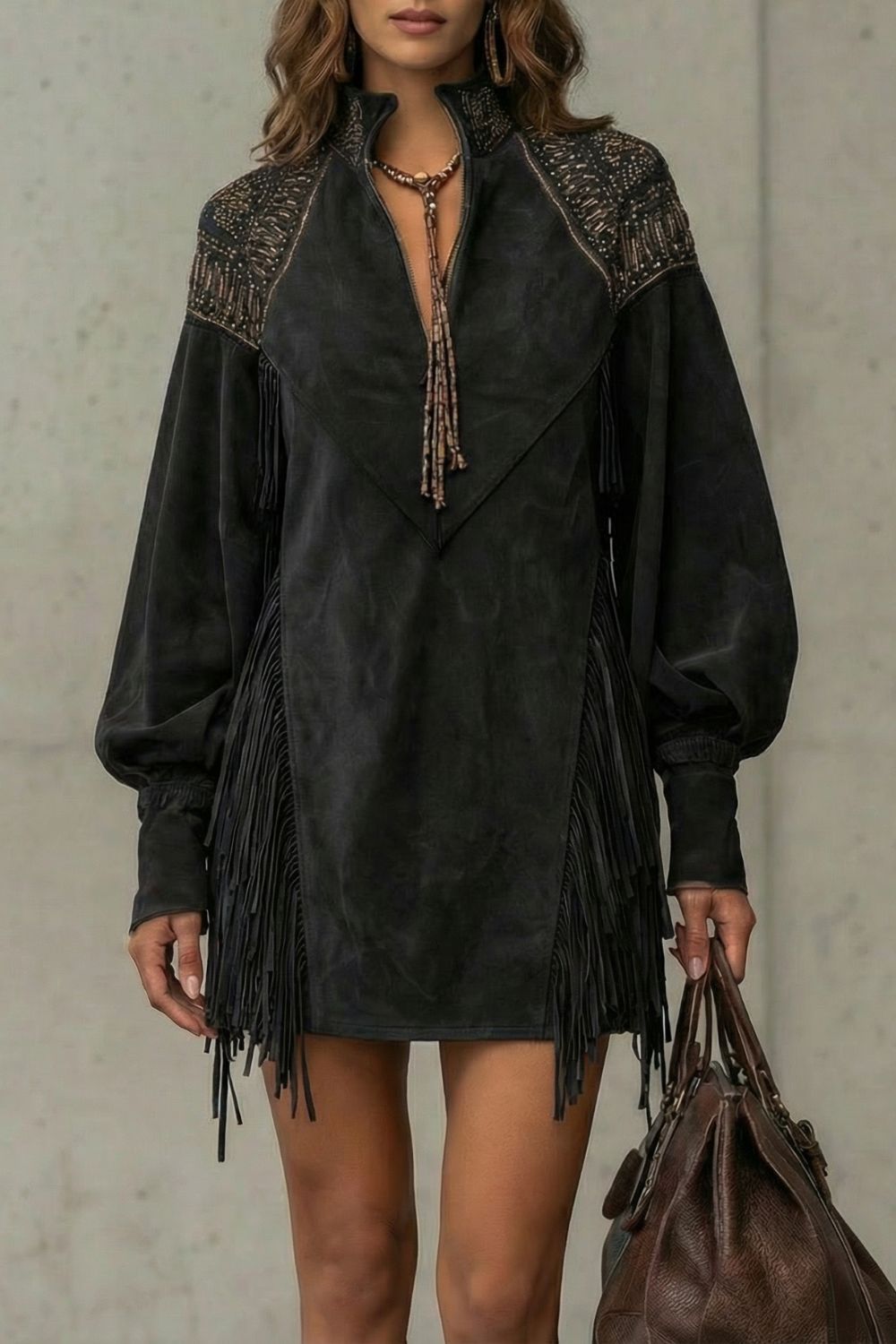Calvetta – Bestickte Fransen – Tunika-Minikleid