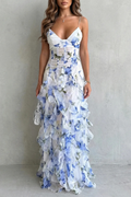 Sestina – Sheer floral cascade – Ruffled evening maxi dress