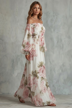 Rosavelle – Romantisches, schulterfreies Blumenmuster – Maxikleid