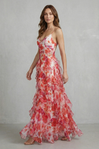 Fiorella – Aquarellblüten-Fluss – Maxikleid aus gerafftem Chiffon