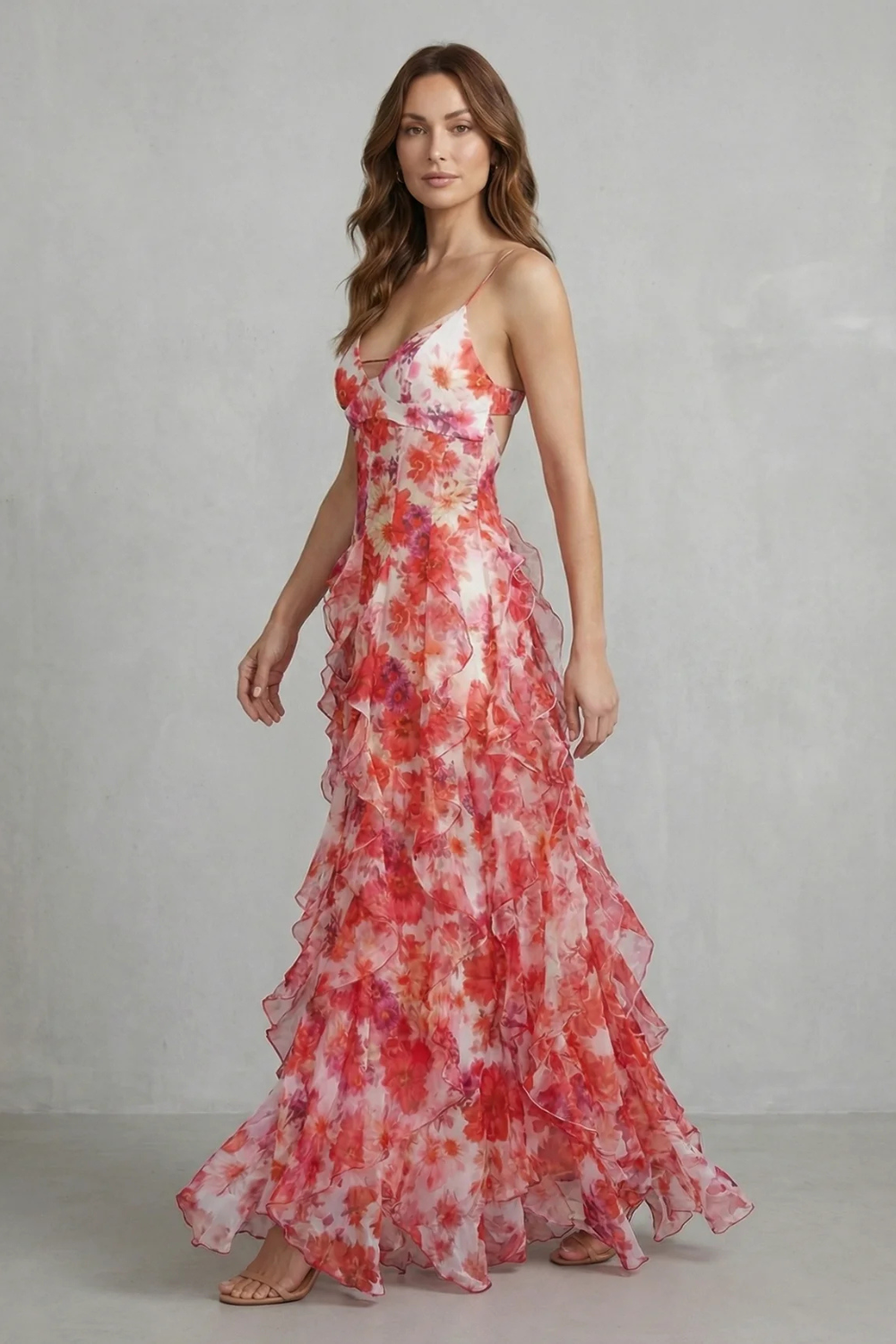 Fiorella – Aquarellblüten-Fluss – Maxikleid aus gerafftem Chiffon